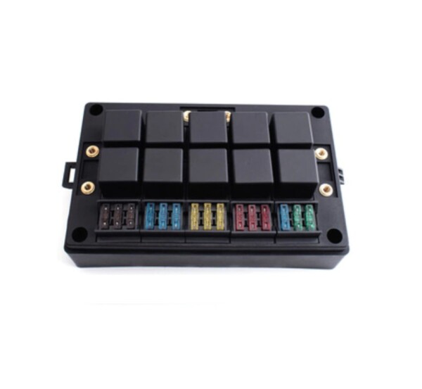 Kasten mit 10 Relais + 18 Sicherungen für eine komplette 12-Volt-Elektroinstallation