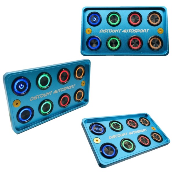 Piastra di avviamento CNC blu 8 interruttori rotondi in alluminio Look PDM "Pannello interruttori" 25 ampere 12 volt