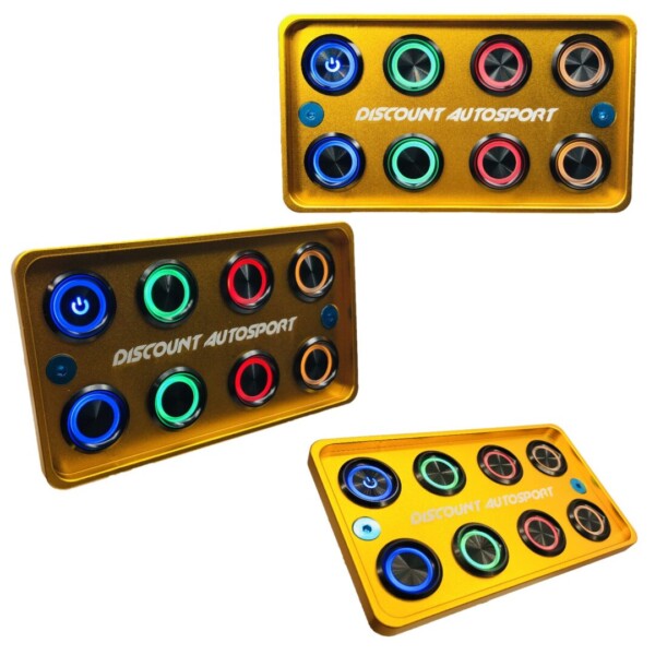 Piastra di avviamento in oro CNC 8 interruttori rotondi in alluminio Look "Switch Panel" PDM 25 ampere 12 volt