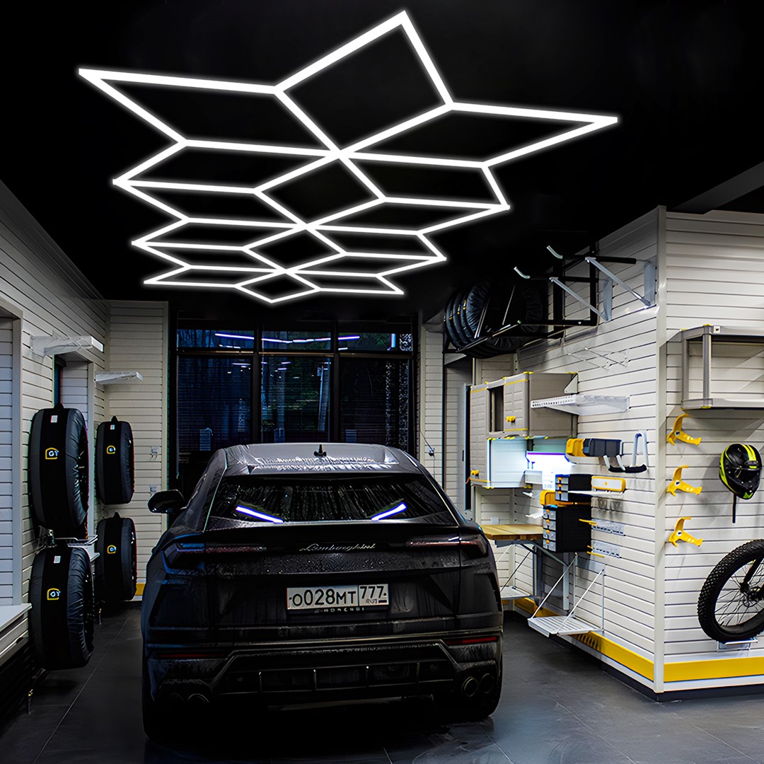 lámpara led hexagonal Panal de abejas 16 triángulos 5.5m x 2.8m 360W 6500k  230V Detailing Garage Barber - Discount AutoSport