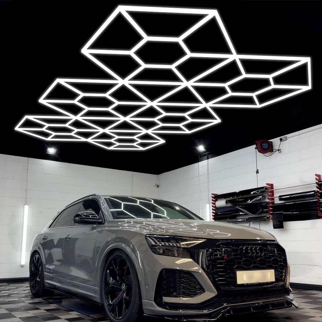 Lampe 6 hexagones + 46 triangles nid d'abeille garage 4.8m x 2.8m Led blanc  590W 6500k 230V detailing - Discount AutoSport