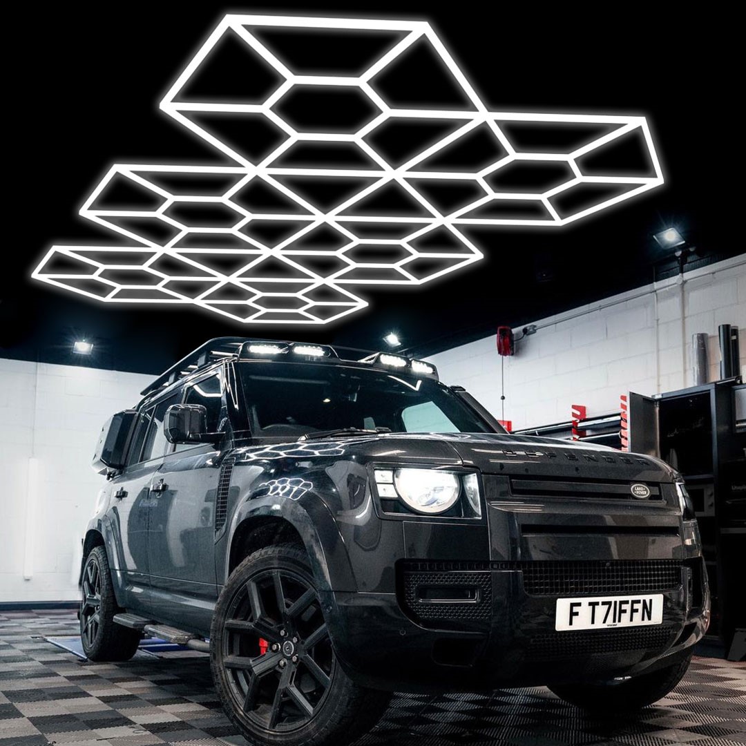 Lampe LED 4 hexagones plafond nid d'abeilles 3.2M x 1M led blanc 180W 6500k  Detailing Garage Barber - Discount AutoSport