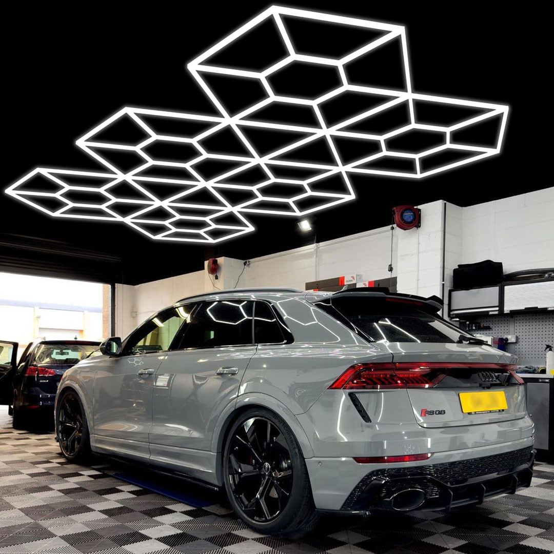 Lampe LED 4 hexagones plafond nid d'abeilles 3.2M x 1M led blanc 180W 6500k  Detailing Garage Barber - Discount AutoSport