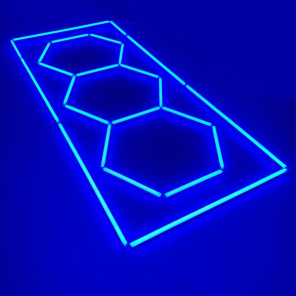 Lampe 3 hexagones + rectangle plafond nid d'abeilles 3M x 1.2M 240W Bleu Detailing Garage Barber Gym – Image 3