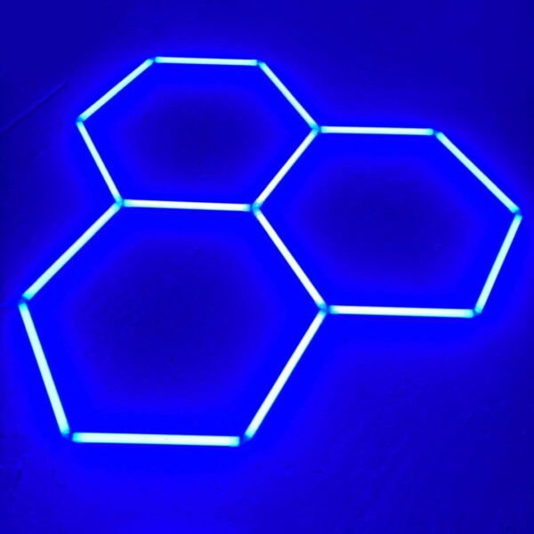 Plafón LED 3 hexágonos agrupados nido de abeja 2M x 2M 130W Azul Detallado Garaje Peluquería Gimnasio