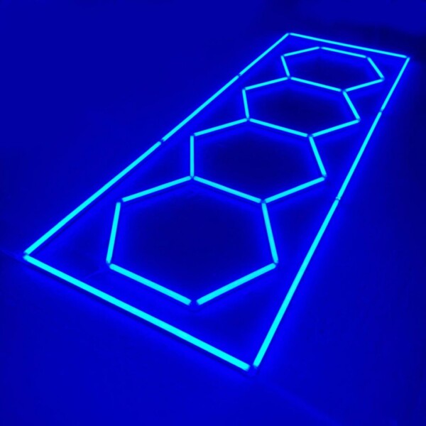 Luz LED 4 hexágonos + nido de abeja contorno de techo 3.6M x 1.2M 230W Azul Detallado Garaje Peluquería Gimnasio