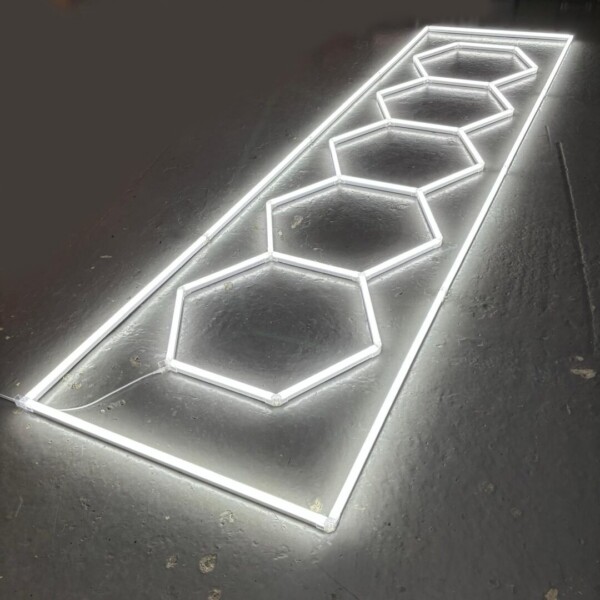 LED light 5 hexagons + rectangle honeycomb ceiling 4,8M x 1M 320W White 6500K Detailing Garage Barber Gym