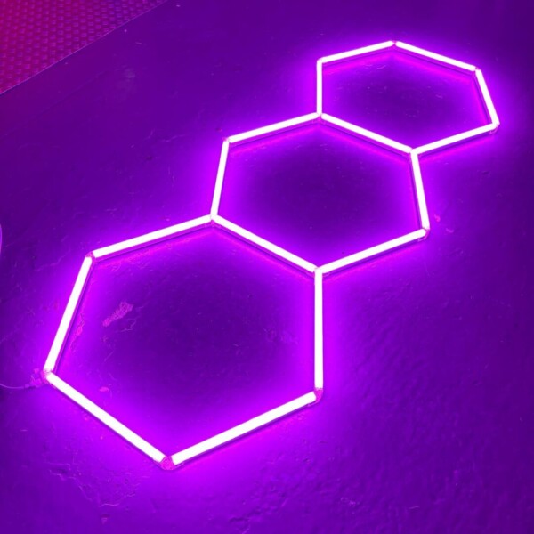 Lámpara 3 hexágonos alineados nido de abeja techo 3M x 1.2M Rosa 130W 6500k Detallado Garaje Peluquero - Imagen 2
