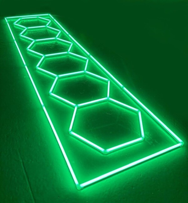 Luz LED 6 hexágonos + rectángulo nido de abeja techo 5.3M x 1M 360W Verde Detallado Garaje Peluquería Gimnasio