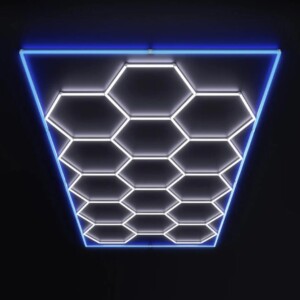 Lampe de plafond hexagone nid d'abeille LED 2.4m x 4.8m avec contour bleu 550W 6500k 230V Detailing Barber garage