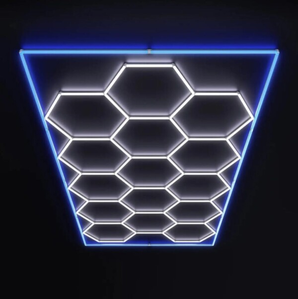 2.4m x 4.8m hexagonal honeycomb LED ceiling light with blue outline 550W 6500k 230V Detailing Barber garage