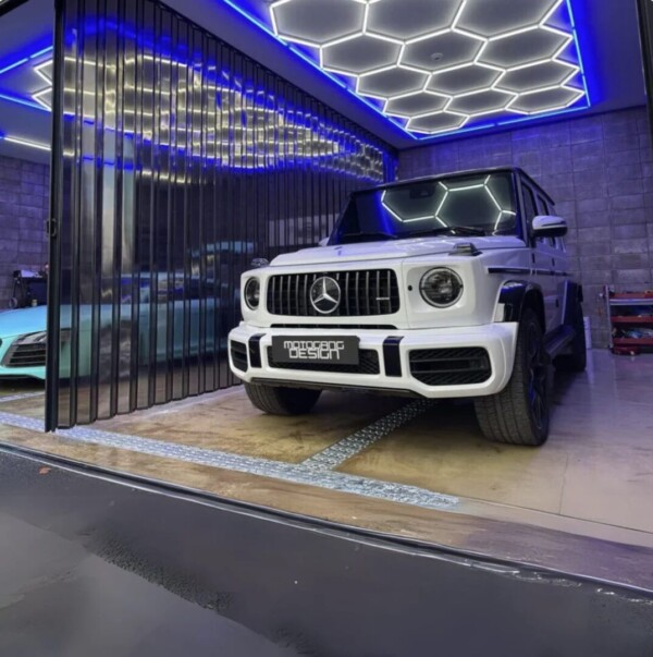 2.4m x 4.8m hexagonal honeycomb LED ceiling light with blue outline 550W 6500k 230V Detailing Barber garage - Image 2