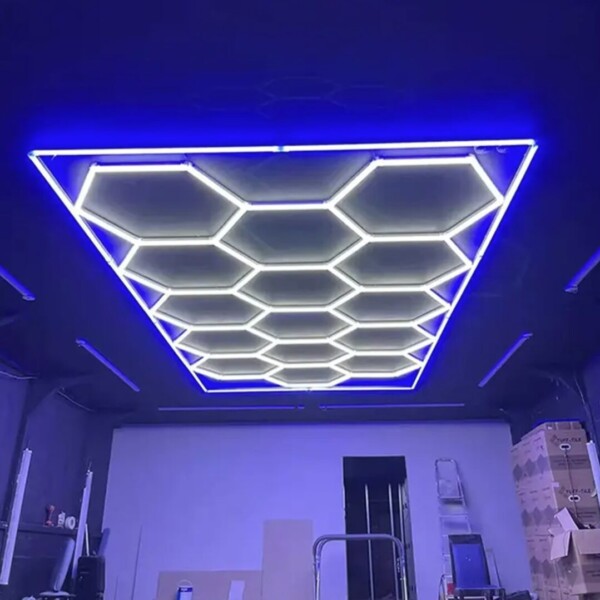 2.4m x 4.8m hexagonal honeycomb LED ceiling light with blue outline 550W 6500k 230V Detailing Barber garage - Image 3