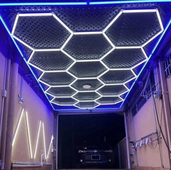 2.4m x 4.8m hexagonal honeycomb LED ceiling light with blue outline 550W 6500k 230V Detailing Barber garage - Image 4