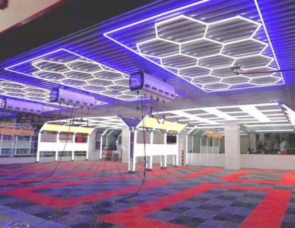 2.4m x 4.8m hexagonal honeycomb LED ceiling light with blue outline 550W 6500k 230V Detailing Barber garage - Image 5