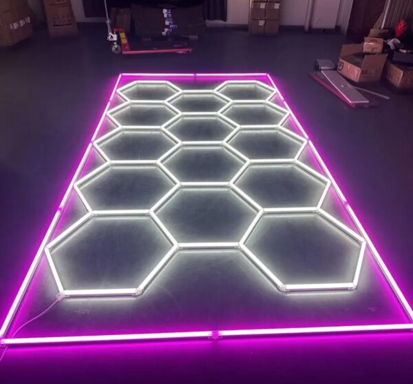 hexagonal honeycomb LED ceiling light with pink outline 2.4m x 4.8m 550W 6500k 230V Detailing Barber garage - Image 2