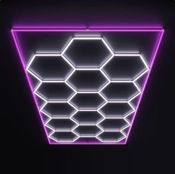 hexagonal honeycomb LED ceiling light with pink outline 2.4m x 4.8m 550W 6500k 230V Detailing Barber garage