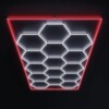 Hexagonal honeycomb LED ceiling light 2.4m x 4.8m with red outline 550W 6500k 230V Detailing Barber garage