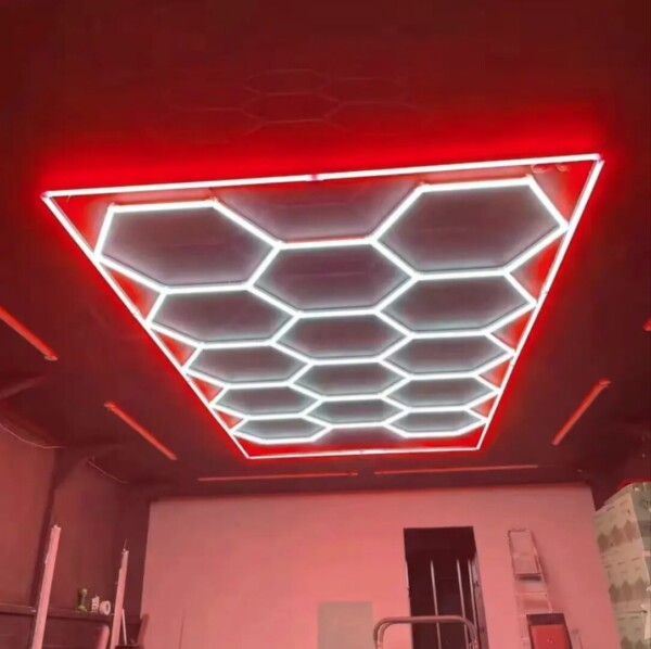 Hexagonal honeycomb LED ceiling light 2.4m x 4.8m with red outline 550W 6500k 230V Detailing Barber garage - Image 2