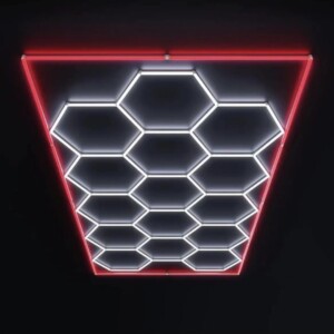 Lampe de plafond hexagone nid d'abeille LED 2.4m x 4.8m avec contour rouge 550W 6500k 230V Detailing Barber garage
