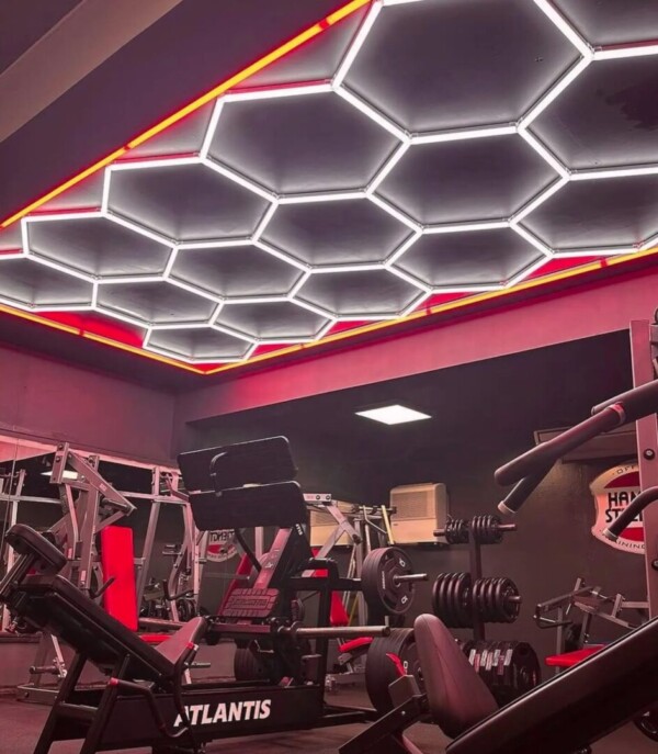 Hexagonal honeycomb LED ceiling light 2.4m x 4.8m with red outline 550W 6500k 230V Detailing Barber garage - Image 4