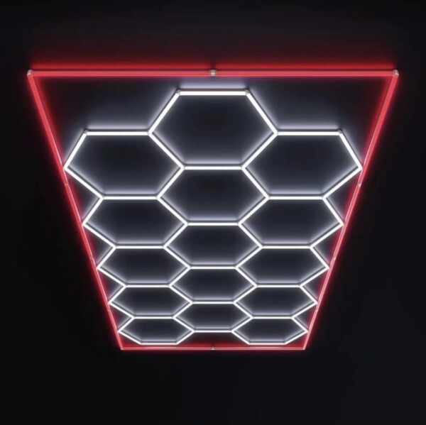 Hexagonal honeycomb LED ceiling light 2.4m x 4.8m with red outline 550W 6500k 230V Detailing Barber garage