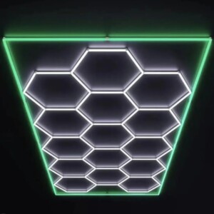 Lampe de plafond hexagone nid d'abeille LED 2.4m x 4.8m avec contour vert 550W 6500k 230V Detailing Barber garage