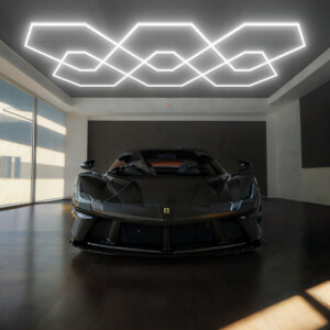 Lampe de plafond led 3 flèches + 2 losanges + 6 hexagones nid d'abeille 2,8m x 4,8m Led blanc 420W dimmable 6500k 230V detailing barber garage