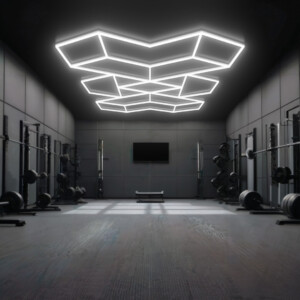 Lampe LED de plafond 5 losanges + 6 trapèzes + 2 flèches + 4 triangles, hexagones nid d'abeille 2,8m x 4,8m 504W dimmable blanc 6500k 230V detailing barber garage