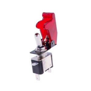 Aviation Lever Switch ON/OFF 25A with Red Flap + Integrated LED - Toggle Switch 12V 24V - IP55 - Drilling 12.5mm