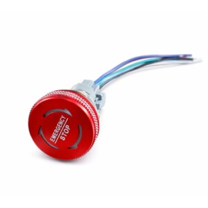 Bouton Arrêt d’Urgence Métal Champignon 19mm LED Verte – 1NO 1NC – IP68 – Réarmement Rotatif – 12V 24V avec Connecteur Étanche